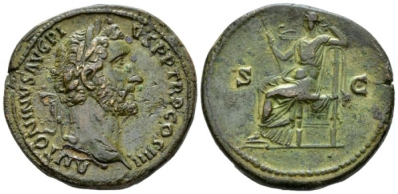 Antoninus Pius, 138-161 Sestertius circa 145-161, Æ 32mm., 23.55g. Laureate head...