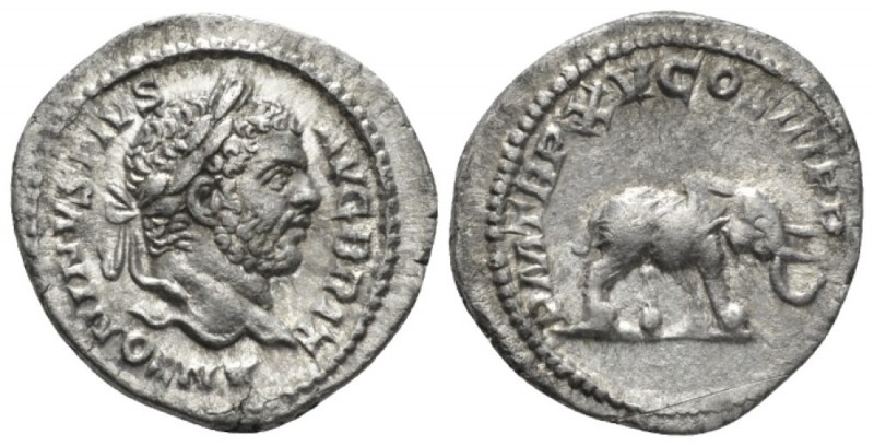 Caracalla, 198-217 Denarius circa 212, AR 20mm., 3.23g. Laureate head r. Rev. El...