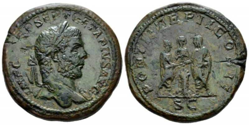 Geta, 209-212 Sestertius late 210, Æ 33.5mm., 23.81g. Laureate bust r., with dra...