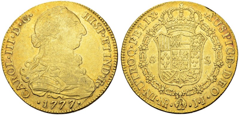 KOLUMBIEN
Carlos III. 1759-1788. 8 Escudos 1777, JJ-Nuevo-Reino. 26.94 g. Cayon...