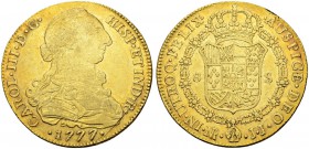 KOLUMBIEN
Carlos III. 1759-1788. 8 Escudos 1777, JJ-Nuevo-Reino. 26.94 g. Cayon 12889. Fr. 35. Kleiner Randfehler / Minor edge nick. Sehr schön / Ver...