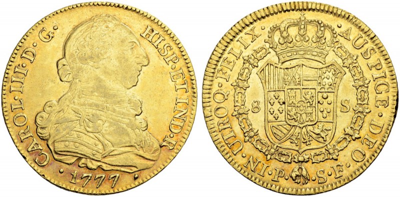 KOLUMBIEN
Carlos III. 1759-1788. 8 Escudos 1777, SF-Popayan. 26.99 g. Cayon 129...