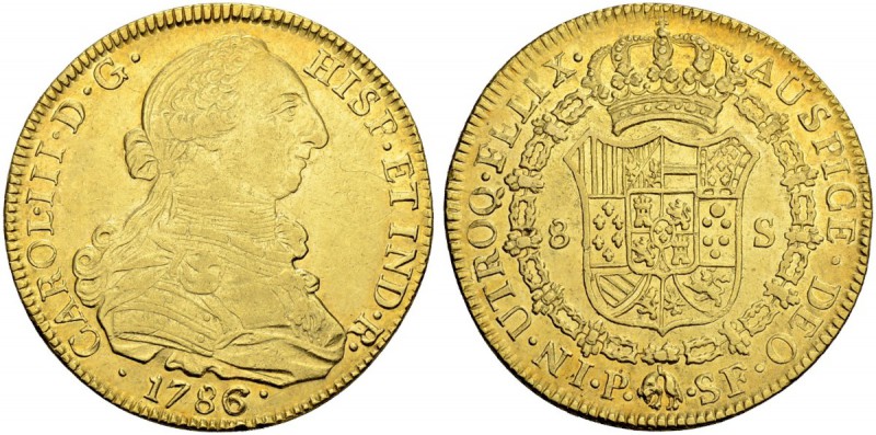 KOLUMBIEN
Carlos III. 1759-1788. 8 Escudos 1786, SF-Popayan. 26.94 g. Cayon 129...