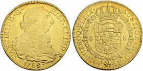 KOLUMBIEN
Carlos III. 1759-1788. 8 Escudos 1786, SF-Popayan. 26.94 g. Cayon 12982. Fr. 36. Sehr schön-vorzüglich / Very fine-extremely fine. (~€ 770/...
