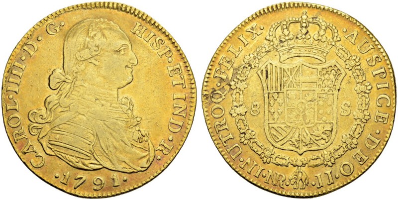 KOLUMBIEN
Carlos IV. 1788-1808. 8 Escudos 1791, JJ-Nuevo Reino. Ordinalzahl III...