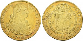 KOLUMBIEN
Carlos IV. 1788-1808. 8 Escudos 1791, JJ-Nuevo Reino. Ordinalzahl IIII. 26.97 g. Cayon 14467. Fr. 51. Sehr schön / Very fine. (~€ 770/~US$ ...