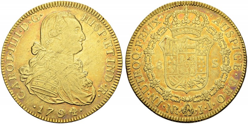 KOLUMBIEN
Carlos IV. 1788-1808. 8 Escudos 1794, JJ-Nuevo Reino. Ordinalzahl III...