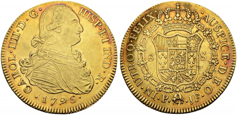 KOLUMBIEN
Carlos IV. 1788-1808. 8 Escudos 1796, JF-Popayan. 26.99 g. Cayon 1451...