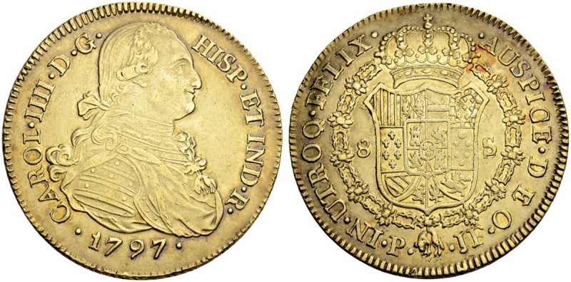 KOLUMBIEN
Carlos IV. 1788-1808. 8 Escudos 1797, JF-Popayan. 26.98 g. Cayon 1452...