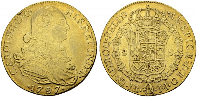 KOLUMBIEN
Carlos IV. 1788-1808. 8 Escudos 1797, JJ-Reino. 27.02 g. Cayon 14520....