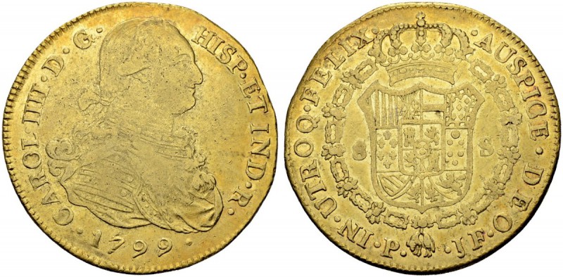 KOLUMBIEN
Carlos IV. 1788-1808. 8 Escudos 1799, JF-Popayan. 26.89 g. Cayon 1453...