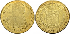 KOLUMBIEN
Carlos IV. 1788-1808. 8 Escudos 1799, JF-Popayan. 26.89 g. Cayon 14535. Fr. 52. Poröser Schrötling / Porous flan. Sehr schön / Very fine. (...