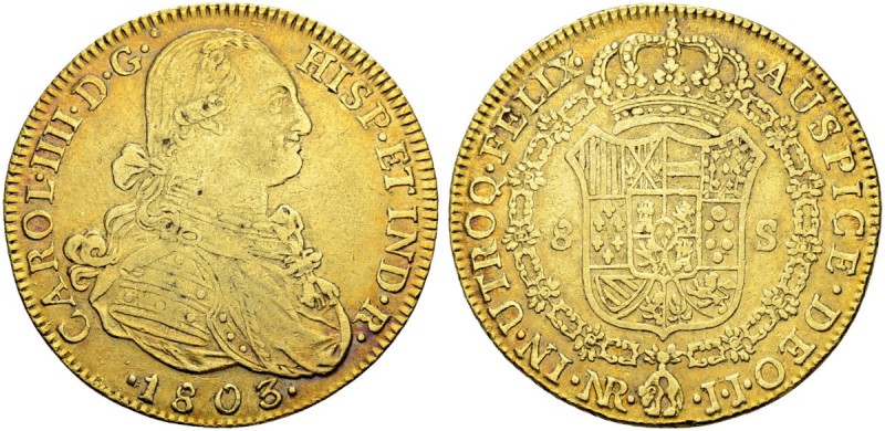 KOLUMBIEN
Carlos IV. 1788-1808. 8 Escudos 1803, JJ-Nuevo Reino. 26.90 g. Cayon ...