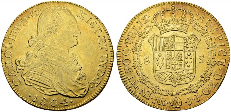 KOLUMBIEN
Carlos IV. 1788-1808. 8 Escudos 1804, JJ-Nuevo Reino. 26.95 g. Cayon ...