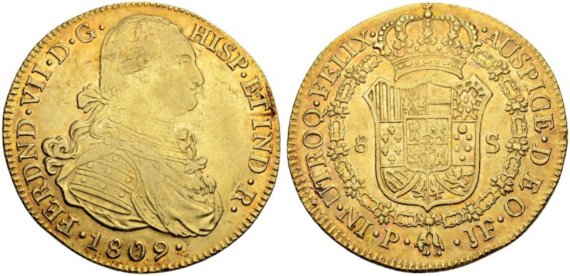 KOLUMBIEN
Fernando VII. 1808-1824. 8 Escudos 1809, JF-Popayan. 26.93 g. Cayon 1...