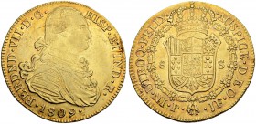 KOLUMBIEN
Fernando VII. 1808-1824. 8 Escudos 1809, JF-Popayan. 26.93 g. Cayon 16369. Fr. 61. Prägeglanz teilweise noch vorhanden. Stempelriss und min...