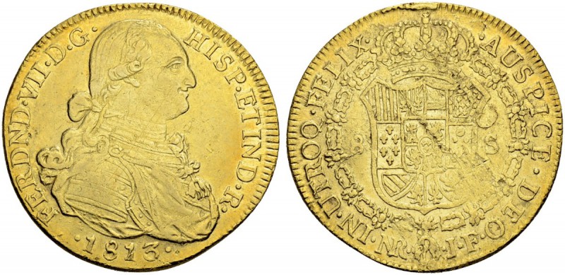 KOLUMBIEN
Fernando VII. 1808-1824. 8 Escudos 1813, JF-Nuevo Reino. 26.87 g. Cay...