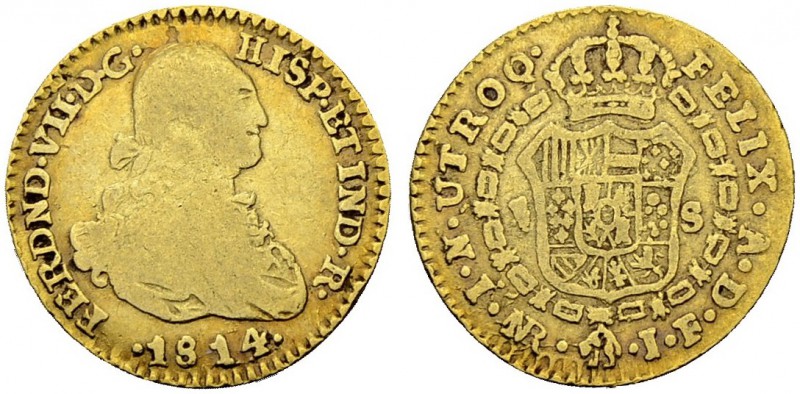 KOLUMBIEN
Fernando VII. 1808-1824. 1 Escudo 1814, JF-Nuevo Reino. 3.32 g. C.T. ...