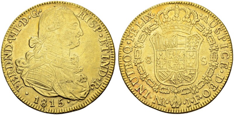 KOLUMBIEN
Fernando VII. 1808-1824. 8 Escudos 1815, JF-Nuevo Reino. 26.97 g. Cay...