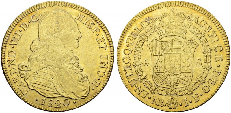 KOLUMBIEN
Fernando VII. 1808-1824. 8 Escudos 1820, JF-Nuevo Reino. 27.00 g. Cay...