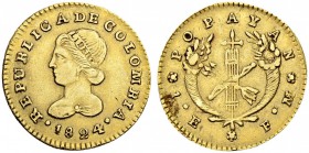 KOLUMBIEN
Republik Kolumbien, 1820-1837. 1 Escudo 1824, FM-Popayan. 3.18 g. KM 81.2. Fr. 72. Sehr schön / Very fine. (~€ 170/~US$ 210)