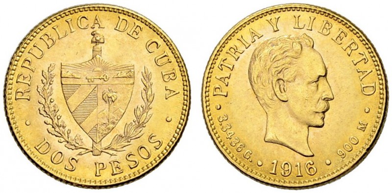 KUBA
Republik. 2 Pesos 1916, Philadelphia. 3.35 g. KM 17. Fr. 6. Vorzüglich-FDC...