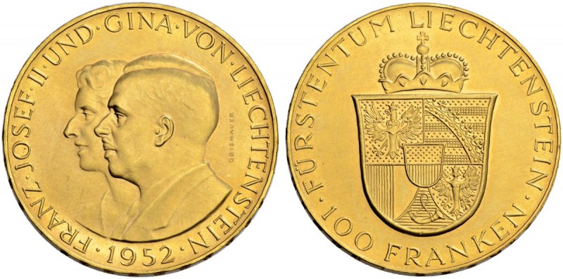 LIECHTENSTEIN
Franz Josef II. 1938-1989. 100 Franken 1952, Bern. 32.28 g. Divo ...