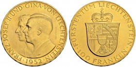 LIECHTENSTEIN
Franz Josef II. 1938-1989. 100 Franken 1952, Bern. 32.28 g. Divo 131. HMZ 2-1385a. Fr. 19. FDC / Uncirculated. (~€ 1710/~US$ 2105)