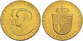 LIECHTENSTEIN
Franz Josef II. 1938-1989. 100 Franken 1952, Bern. 32.27 g. Divo 131. HMZ 2-1385a. Fr. 19. FDC / Uncirculated. (~€ 1710/~US$ 2105)