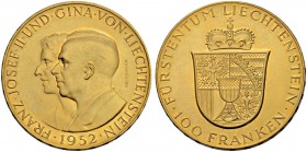 LIECHTENSTEIN
Franz Josef II. 1938-1989. 100 Franken 1952, Bern. 32.29 g. Divo 131. HMZ 2-1385a. Fr. 19. Fast FDC / About uncirculated. (~€ 1495/~US$...