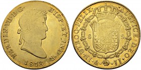 MEXIKO
Fernando VII. 1808-1821. 8 Escudos 1818 (über 1817), JJ-Mexico City. 27.02 g. Cayon 16479. Fr. 52. Selten / Rare. Sehr attraktives Stück mit v...