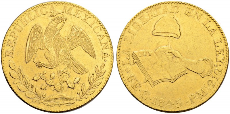 MEXIKO
Erste Republik, 1823-1864. 8 Escudos 1845, PM-Guanajuato. 26.96 g. KM 38...