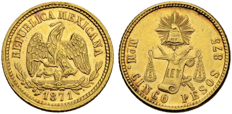 MEXIKO
Zweite Republik, 1867-1905. 5 Pesos 1871, Mo-M Mexico City. 8.45 g. KM 4...