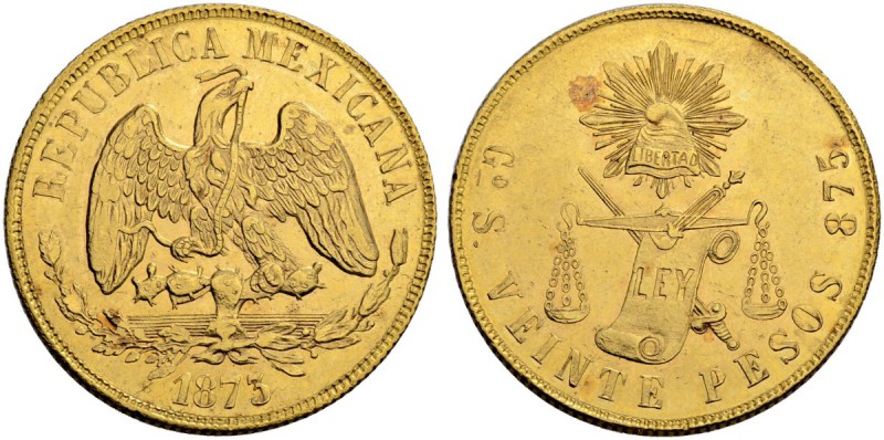 MEXIKO
Zweite Republik, 1867-1905. 20 Pesos 1873, Go-S Guanajuato. 33.88 g. KM ...