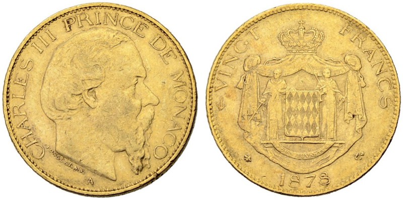 MONACO
Charles III. 1856-1889. 20 Francs 1878 A, Paris. 6.44 g. Gadoury 104. Sc...