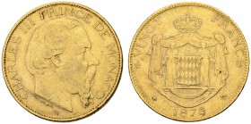 MONACO
Charles III. 1856-1889. 20 Francs 1878 A, Paris. 6.44 g. Gadoury 104. Schl. 6. Fr. 12. Sehr schön / Very fine. (~€ 205/~US$ 255)