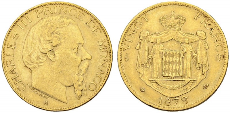 MONACO
Charles III. 1856-1889. 20 Francs 1879 A, Paris. 6.44 g. Gadoury 104. Sc...