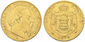MONACO
Charles III. 1856-1889. 20 Francs 1879 A, Paris. 6.44 g. Gadoury 104. Schl. 7. Fr. 12. Gutes sehr schön / Good very fine. (~€ 215/~US$ 265)