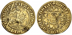 NIEDERLANDE
Geldern, Herzogtum. Karl von Egmond, 1492-1538. Goldgulden o. J., Nijmegen. Reitergoldgulden. 3.18 g. Delmonte 620. Fr. 68. Gewellt und k...
