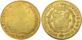 PERU
Carlos IV. 1788-1808. 8 Escudos 1789, IJ-Lima. 27.02 g. Cayon 14443. Fr. 36. Sehr schön / Very fine. (~€ 810/~US$ 1000)