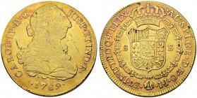 PERU
Carlos IV. 1788-1808. 8 Escudos 1789, IJ-Lima. 26.85 g. Cayon 14443. Fr. 36. Kleine Kratzer / Small scratches. Fast sehr schön / About very fine...