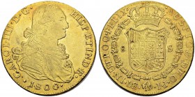 PERU
Carlos IV. 1788-1808. 8 Escudos 1800, IJ-Lima. 26.96 g. Cayon 14538. Fr. 40. Kleine Prüfspur am Rand / Minor test mark on the edge. Gutes sehr s...