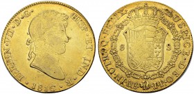 PERU
Fernando VII. 1808-1824. 8 Escudos 1816, JP-Lima. 27.02 g. Cayon 16451. Fr. 54. Justierspuren, kleiner Schrötlingsfehler sowie leichte Prägeschw...
