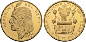 PERU
Republik seit 1879. 50 Soles 1968, Lima. Inka. 33.43 g. KM 219. Fr. 77. Selten. Nur 300 Exemplare geprägt / Rare. Only 300 pieces struck. Fast F...