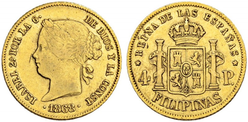 PHILIPPINEN
Isabella II. 1833-1868. 4 Pesos 1868, Manila. 6.75 g. C.T. 128. Fr....