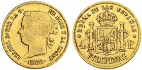 PHILIPPINEN
Isabella II. 1833-1868. 4 Pesos 1868, Manila. 6.75 g. C.T. 128. Fr. 1. Sehr schön / Very fine. (~€ 255/~US$ 315)