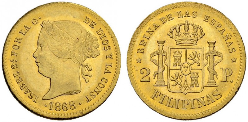 PHILIPPINEN
Isabella II. 1833-1868. 2 Pesos 1868, Manila. 3.36 g. Schl. 18. Fr....