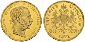 RDR / ÖSTERREICH
Franz Joseph I. 1848-1916. 8 Florin-20 Francs 1871, Wien. 6.46 g. Schl. 587. Fr. 502. Vorzüglich / Extremely fine. (~€ 220/~US$ 275)...