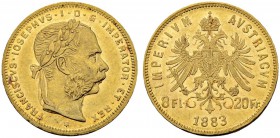 RDR / ÖSTERREICH
Franz Joseph I. 1848-1916. 8 Florin-20 Francs 1883, Wien. 6.44 g. Schl. 600. Fr. 502. Vorzüglich / Extremely fine. (~€ 205/~US$ 255)...