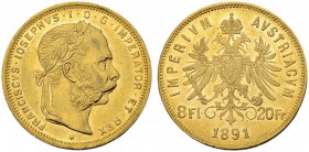 RDR / ÖSTERREICH
Franz Joseph I. 1848-1916. 8 Florin-20 Francs 1891, Wien. 6.44 g. Schl. 608. Fr. 502. Gutes vorzüglich / Good extremely fine. (~€ 20...
